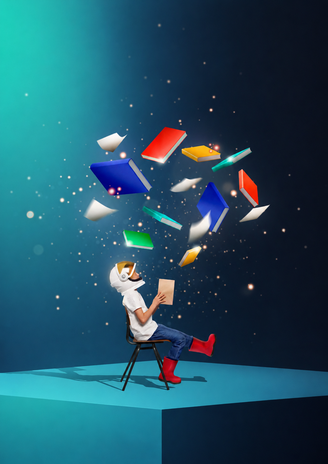 Student surrounded by books and learning materials
