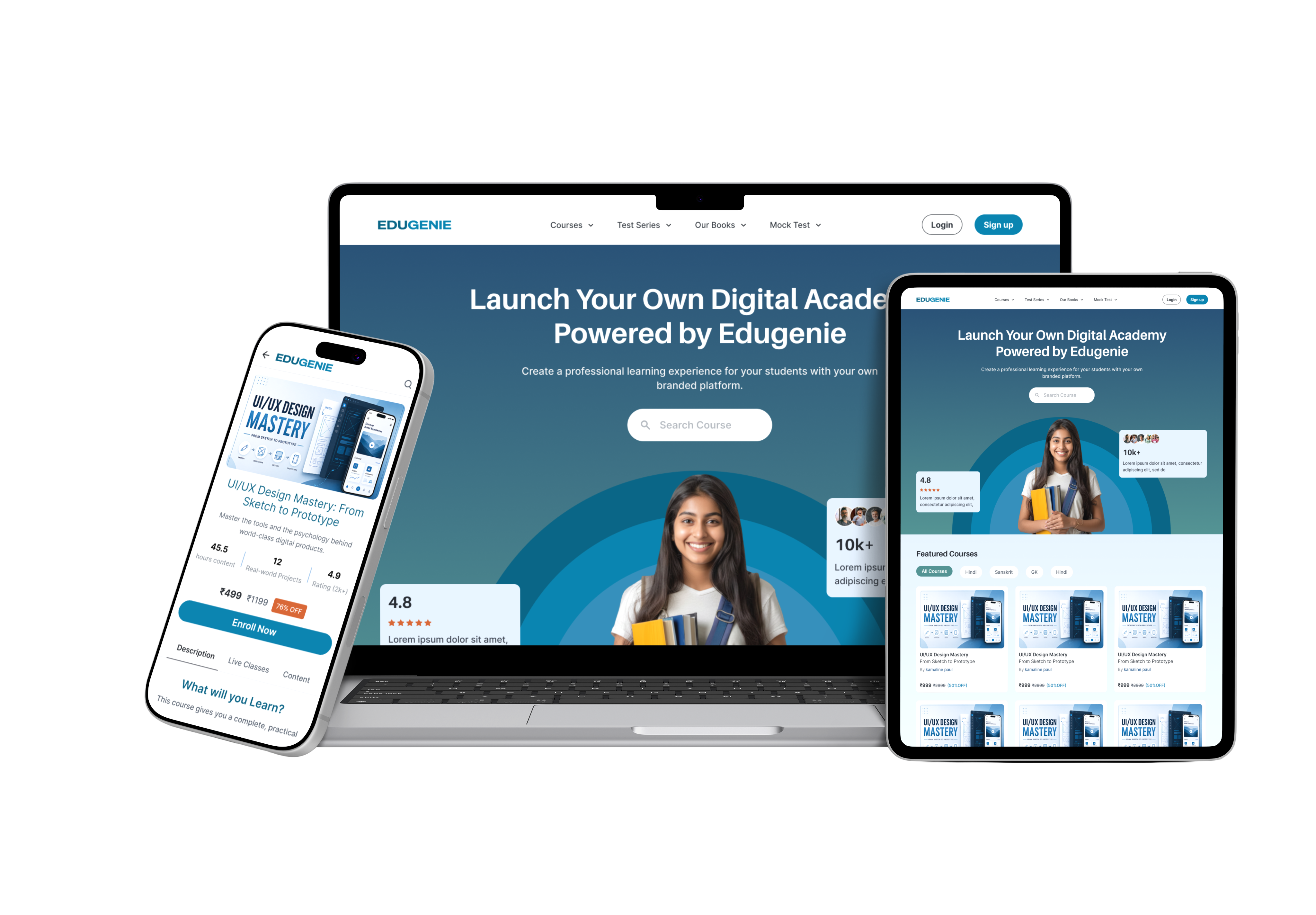 Edugenie shown on a laptop, tablet, and mobile phone