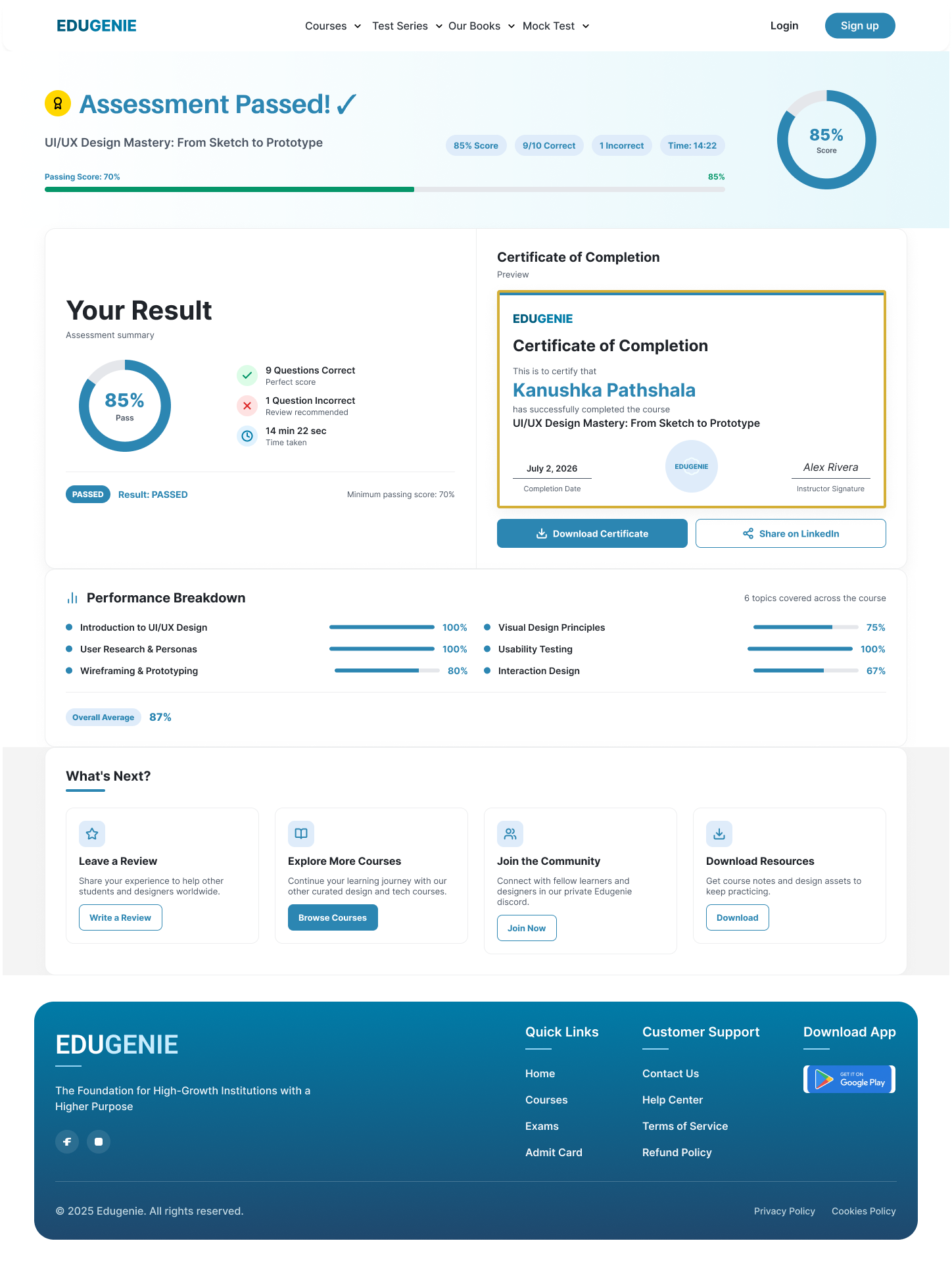 Assessment result screen