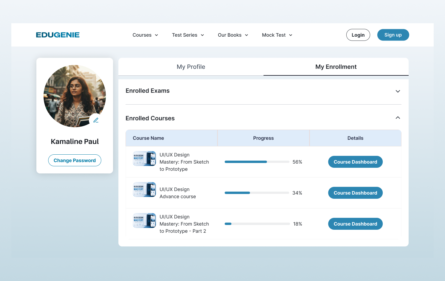 Student profile and progress screen