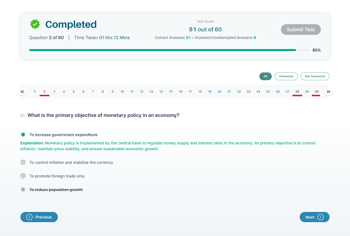 Mock test result screen